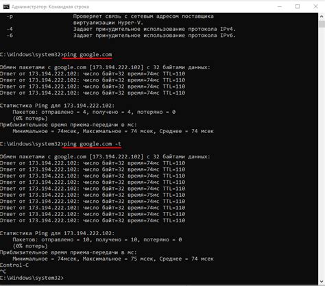 Ввод команды "ping" для проверки доступности сервера