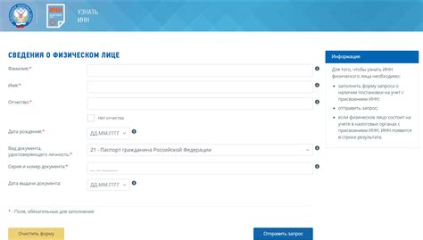 Заполнение необходимых данных для получения ИНН