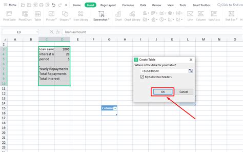 Изначальные настройки таблицы в WPS Office