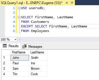 Как работает оператор except в SQL
