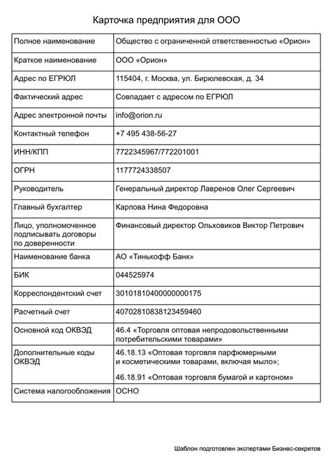 Основные разделы карточки компании