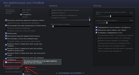 Открытие консоли через настройки игры