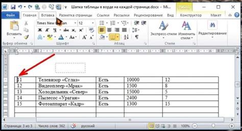 Расположение таблицы на странице