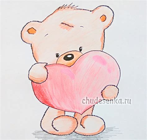 Шаги, как нарисовать мишку с сердечком в руках карандашом легко