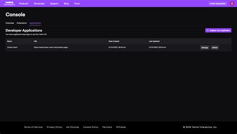 Шаг 3. Получение Developer ID и Client Secret от Twitch
